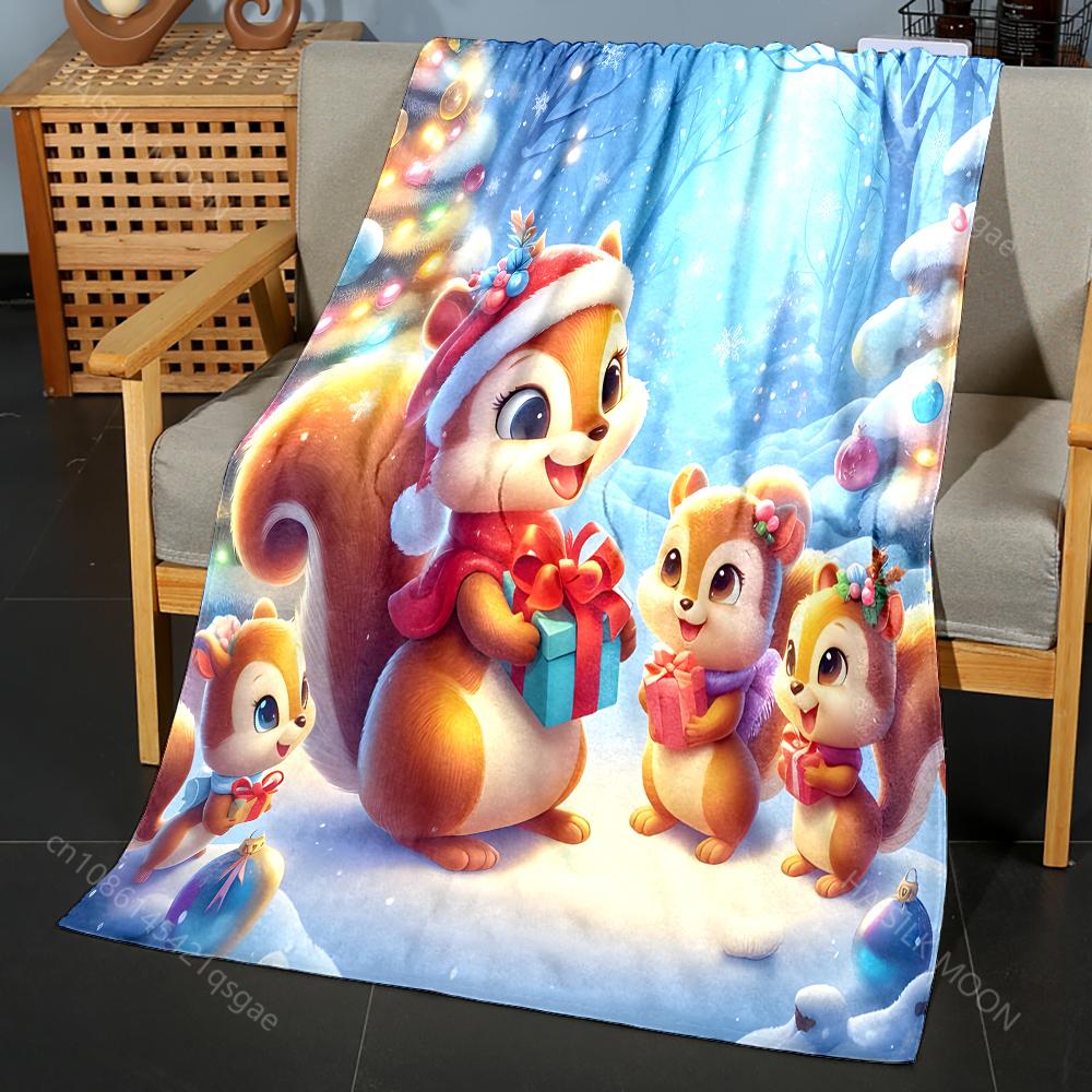 Festive Squirrels with Christmas Presents Pattern Blanket Flannel Material Soft Warm for All Seasons for Home Outdoor Camping
