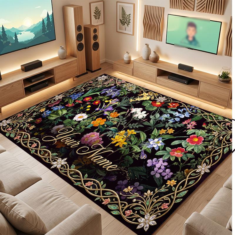 Floral Garden Theme Crystal Velvet Floor Rug Personalized Custom Name Text Warm Carpet Home Decoration
