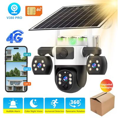 V380 Pro 3 Lens Outdoor Security Network Camera Wireless 4G Solar CCTV 10X Zoom,4G Sim Solar Cameras HD Video Motion Detection