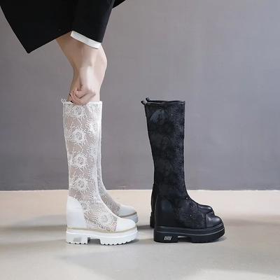 Botas de encaje blancas, botas altas de verano para mujer, botas huecas, moda de lujo, zapatos planos casuales huecos para mujer, zapatos de plataforma