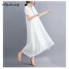 Korean Style Plus Size Summer Women Midi Dress V Neck Black White Pink Blue Yellow Orange Loose Dress Short Sleeve Casual Basic Ladies' Dress