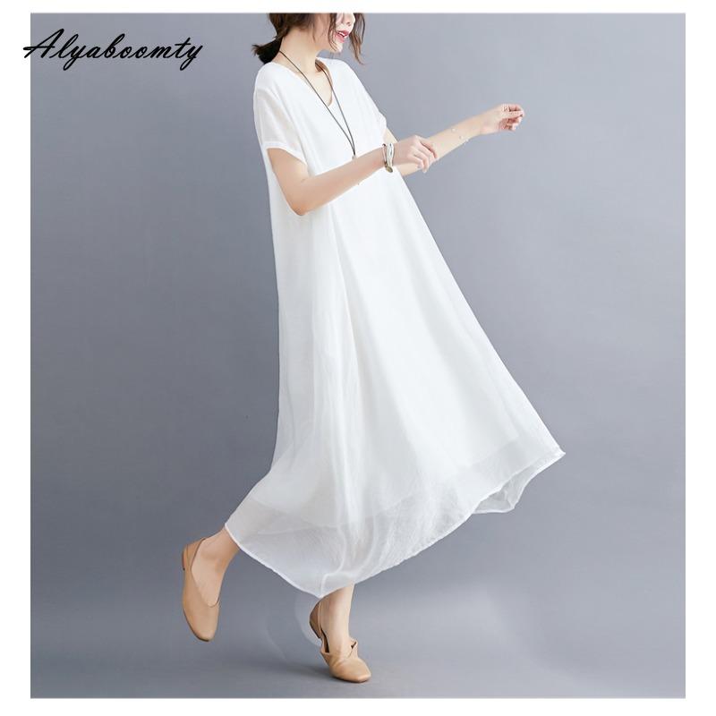 Korean Style Plus Size Summer Women Midi Dress V Neck Black White Pink Blue Yellow Orange Loose Dress Short Sleeve Casual Basic Ladies' Dress