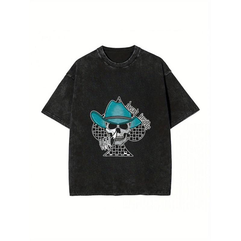 

European Size Men S Vintage Washed T-Shirt | Western Skull and Bones Print with Hat and Horseshoe Design, Soft Breathable Short Sleeve Round Neck S чёрный