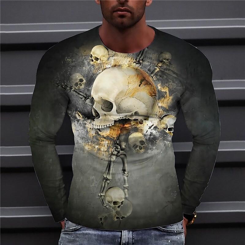 Trendy Skull Retro Casual Crew Neck T-Shirt Men'S Long Sleeve 3D Digital Printing