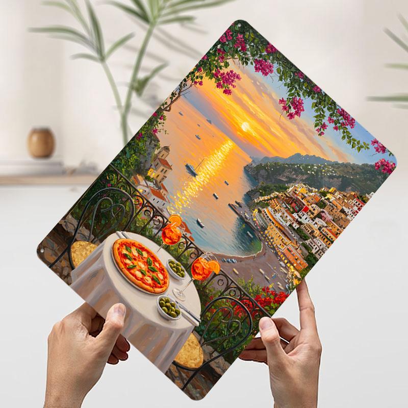Italian Coast Dinner With Sunset View Printed Poster Customized Wall Art Retro Vintage Metal Tin Signs for Room Desk Decor House