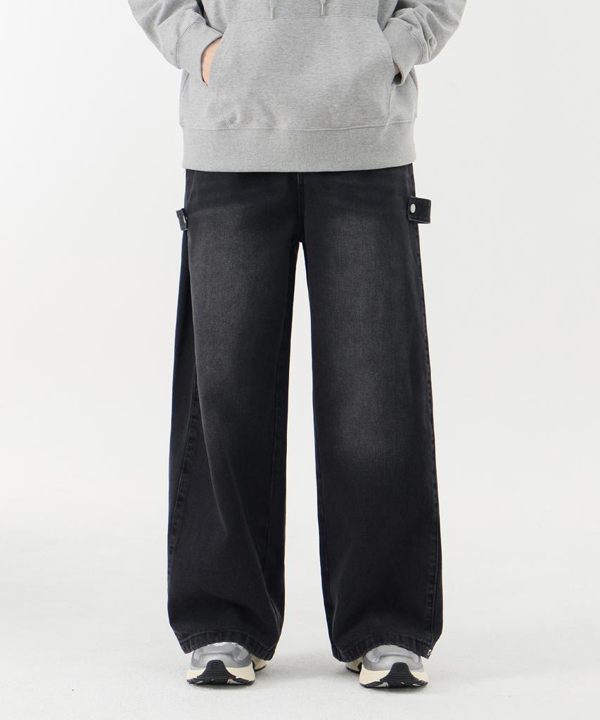Akeusi Multi Side Strap Elastic Wide Denim Pants Unisex (Black)