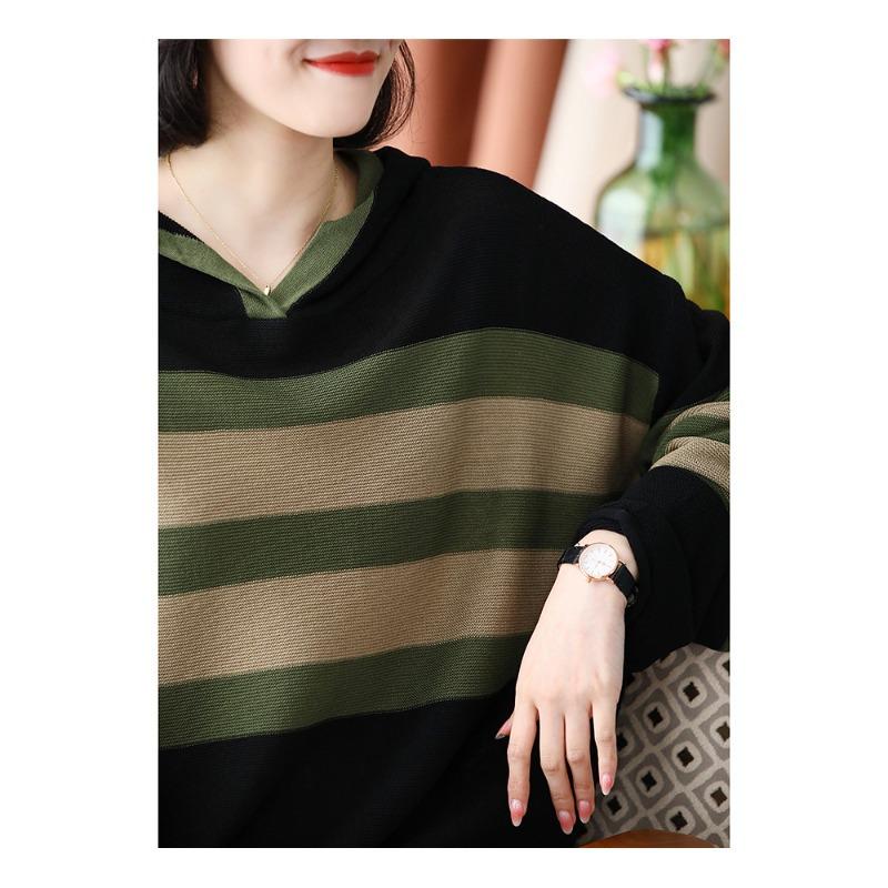 Hooded Striped Knitted Sweater Women's Literary Temperament Casual Loose and Thin Long-sleeved Sweater Women