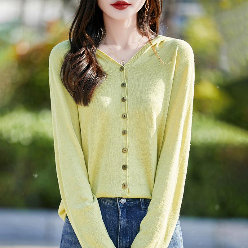 Tencel Linen Hooded Knit Cardigan - Women's Long Sleeve Solid Color Loose Fit Top