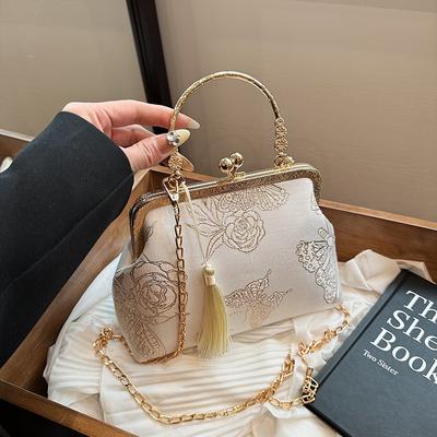 Damen Vintage Abendtasche mit Quaste Kiss Lock Top-Griff Clutch Schulterkette Geldbörse Umhängetasche Damen Abendhandtasche für Hochzeit Party Abschlussball