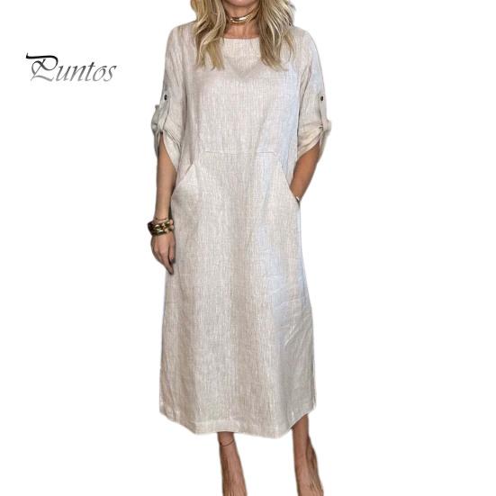 

Осень-весна женское платье с коротким рукавом и запонками вокруг шеи однотонное свободное свободное повседневное платье миди с большим карманом XL белый