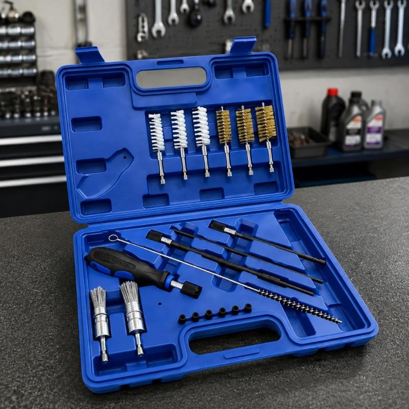 Cylinder Head Recess Cleaning Brush Kit with Slender Access Shafts, Interchangeable Handle, 19 Pieces, and Fitted Storage Compartments