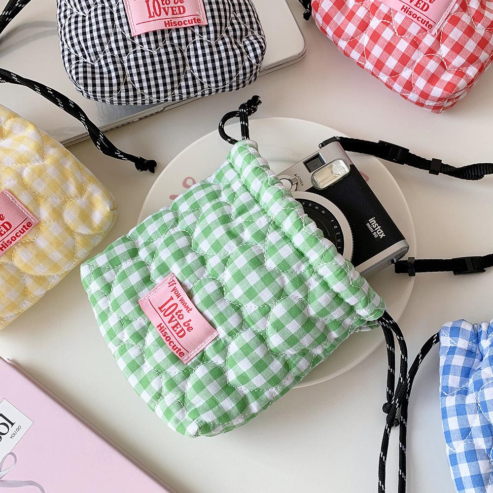 Ins Korean Plaid Drawstring Makeup Bag for Girls Portable Skincare Organizer Travel Organizer Bags Toiletry Bag Drawstring Bags