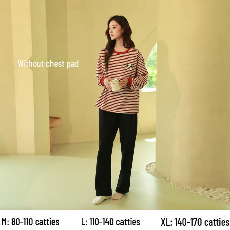 Women's Pure Cotton Long-Sleeve Pajama Set with Chest Pads - Large Size, Spring/Autumn 2025