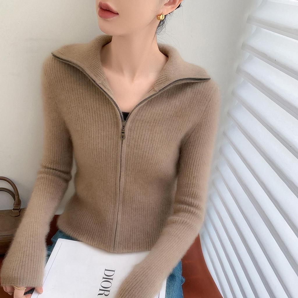 25 Premium Women's Baby Cashmere Cardigan, Double-Zipper Lapel Ribbed Sweater, Loose Wool Coat for Autumn/Winter.