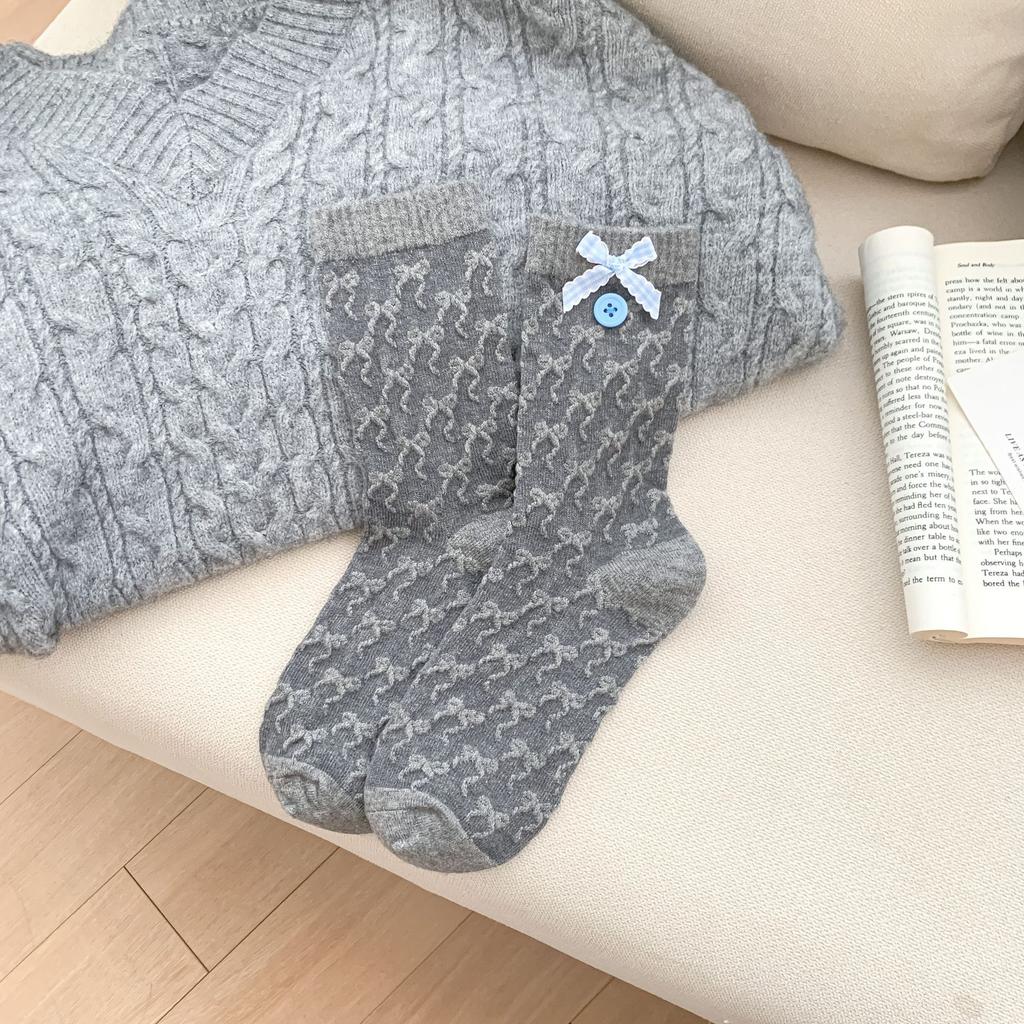 Ladies Autumn Winter Thickened Warm Cute Bow Cartoon Dog Wool Drum Pile Socks