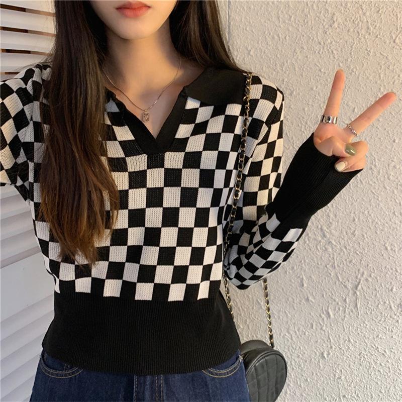 

Осенняя вязаная нижняя рубашка в клетку с короткими рукавами и лацканами, женский верхний свитер One Size