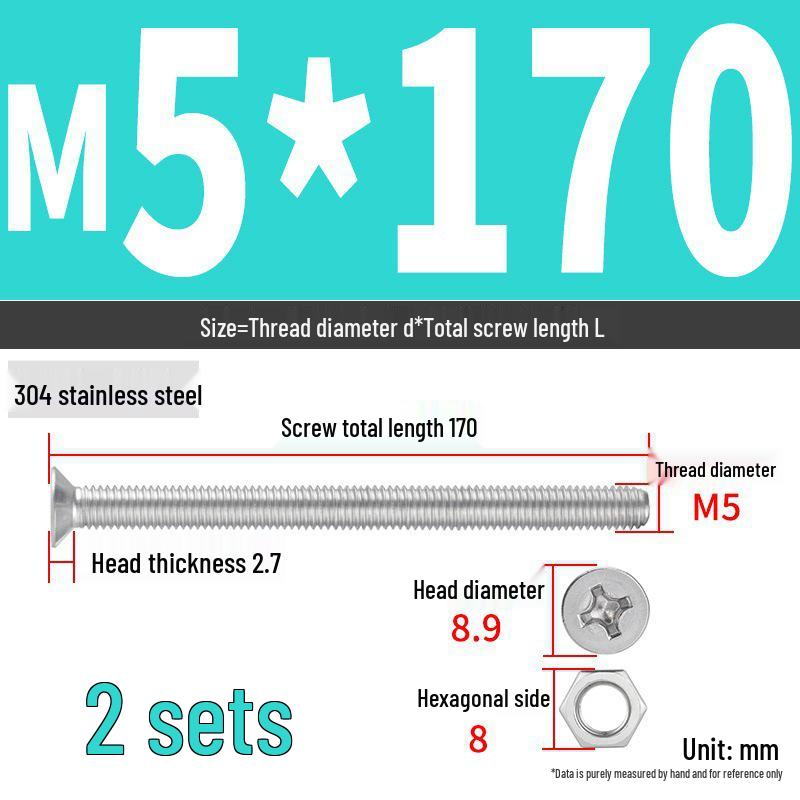 304 Stainless Steel Extra Long Phillips Flat Head Screws and Nuts Set (2M, 3M, 4M)