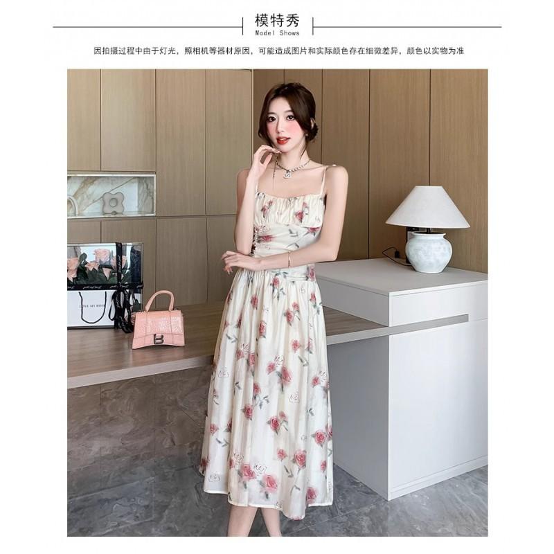 Romantic Coffee Break Dress Suspender Rose French Waist Floral Seaside Vacation Fairy Trendy