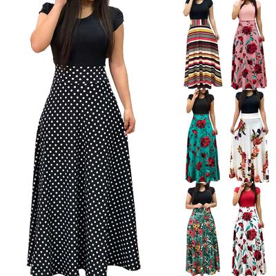 Damska Maxi Party Floral Dress Spódnica Vintage Długie Ubrania Plaża Okrągły Dekolt Krótki Rękaw