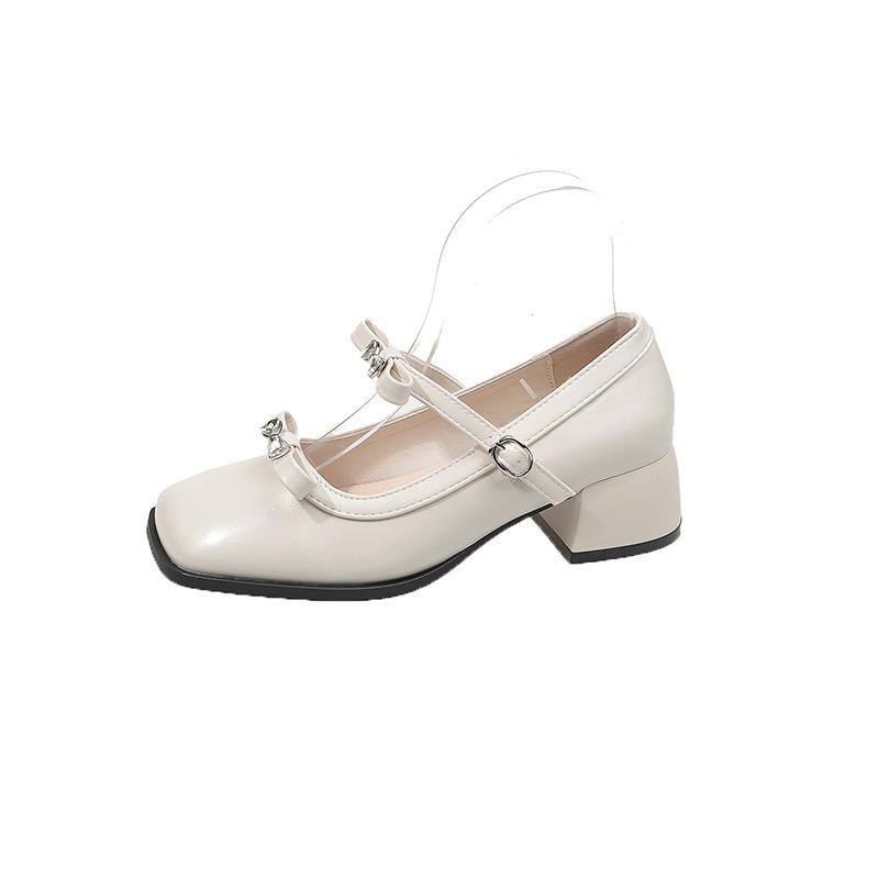 New Square Head Single Shoes Women's Thick Heel One-word Buckle Light Mouth Bow Small Leather Shoes Niche