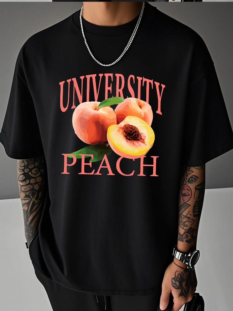 Unisex Cream Tee University Peach Letter And Fresh Peach Fruit Graphic Crew Neck Loose Casual Male Daily Tops