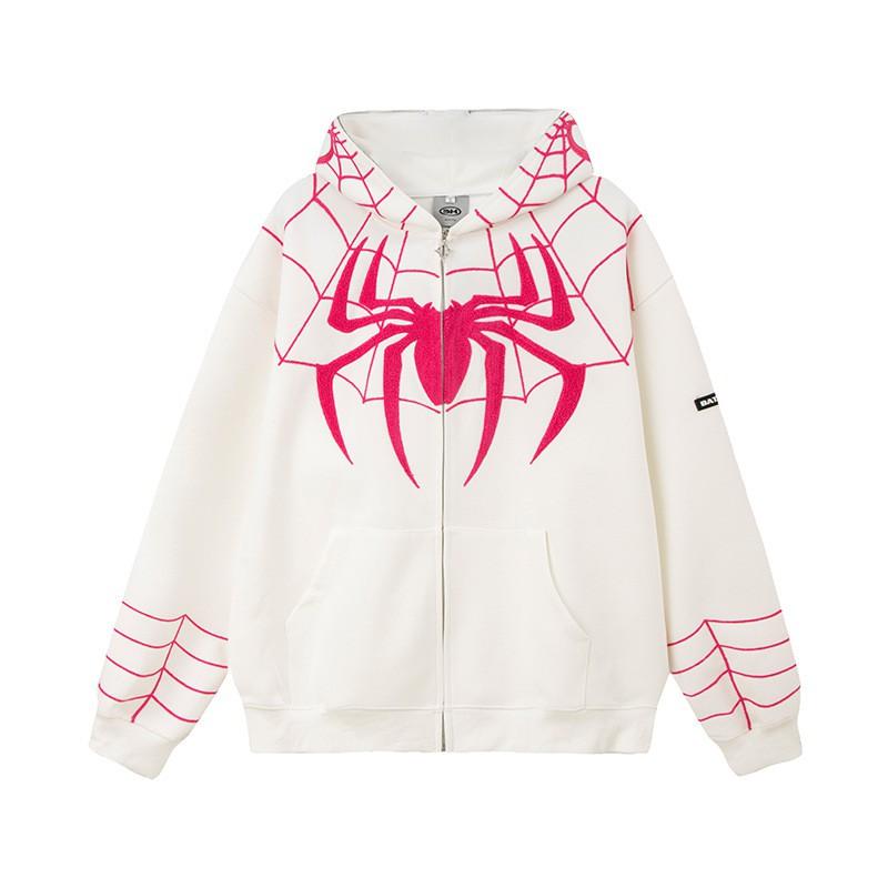 Spider-Man Embroidered Hooded Zip-Up Sweatshirt Unisex Oversized Thick Winter Pullover Cotton