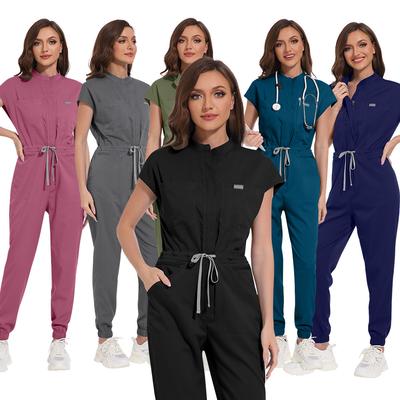 Niaahinn Scrubs Clinical Uniform Woman Fashion Jumpsuit Elastic Breathable Work Wear Color Blocking Drawstring Straight Jumpsuit