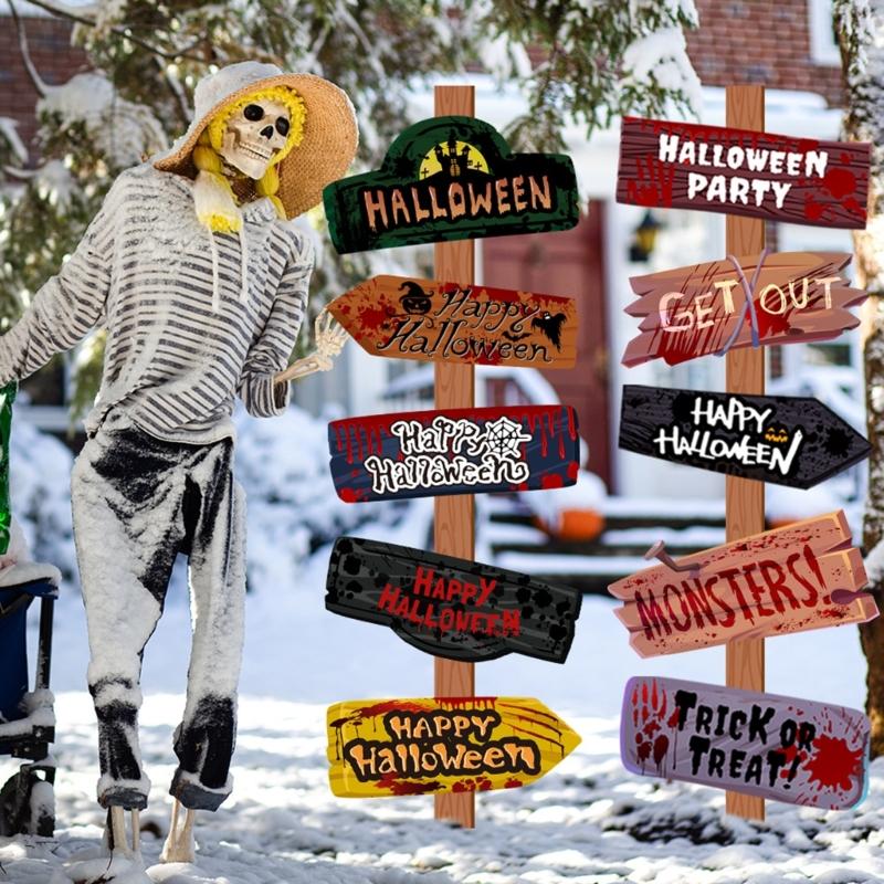 10Pcs Eerie Warning Sign Set Easy To Install On Wall Door Fences Ideal For Halloween Home Haunting Theme Decoration