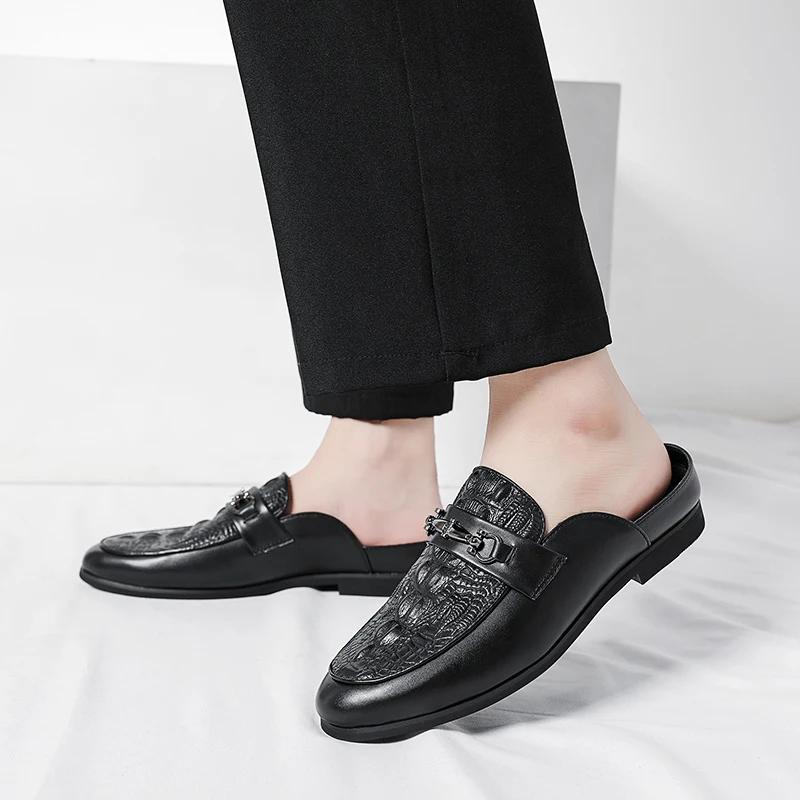 Fashion Men Leather Fashion Half Slipper Summer Men Loafers Flats Slippers for Outdoor Walking Shoes Male Shoes All-match Muller Shoes