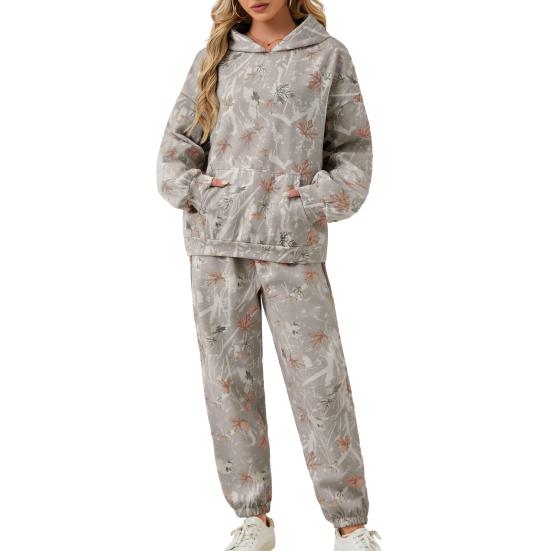 2 Piezas/Set Traje de Sudadera con Capucha y Pantalón para Mujer Estampado Mangas Largas Top Grueso Cintura Elástica Tobillera