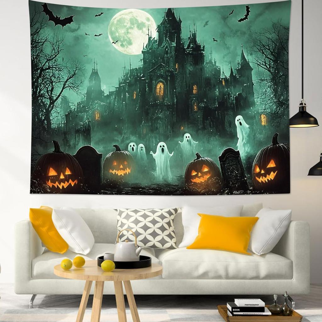 Halloween Tapestry Wall Hanging Horror Tombstone and Scary Skull In Cemetery Wall Art Spooky Dead Tree and Crow Under Full Moon