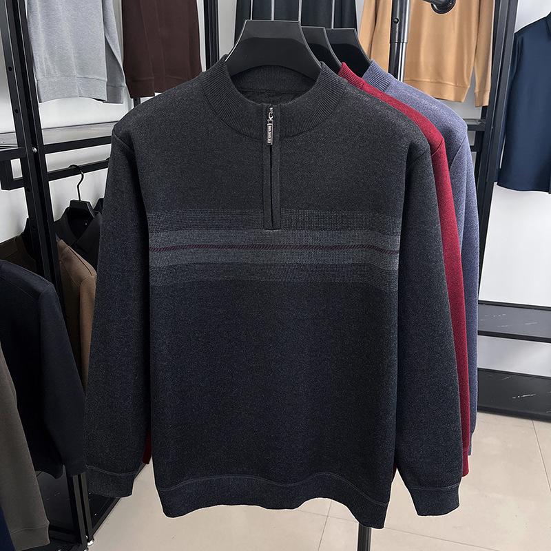 Men's Red Year of the Rat Warm Knit Sweater, Half-High Collar, Dad Style, Winter Wear for Middle-Aged & Elderly.