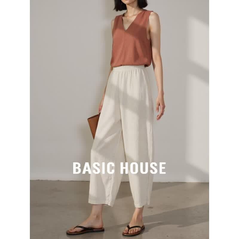 Basic House Women s 100% Linen Loose Cropped Wide-Leg Pants S