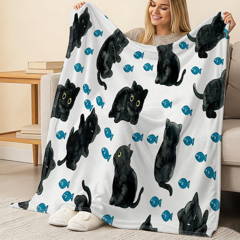 Hemmed Flannel Throw Blanket,Cute Black Cat & Fish Design, Soft Cozy Warm, Ideal for Bedroom Living Room Sofa, Christmas & Halloween Use