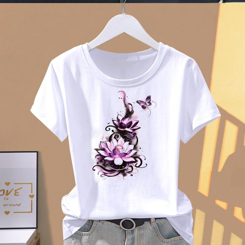 (Asian Size) lovely flower butterfly 90s Short Sleeve T-shirts Print O-neck Fashion Female Casual Women's Top T Clothing Graphic Tee
