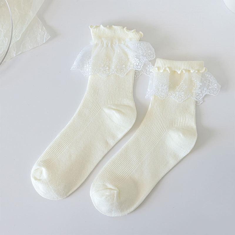 JK Girl Ruffle Lace Trim Cotton Ankle Socks Jacquard Knit Frilly Socks for Women