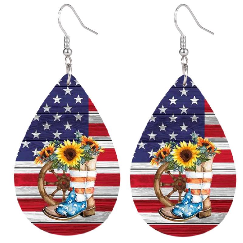 Patriotic American Flag with Sunflower Boots PU Earrings for Women, Independence Day American Flag Rose Flower Water Drop Earrings