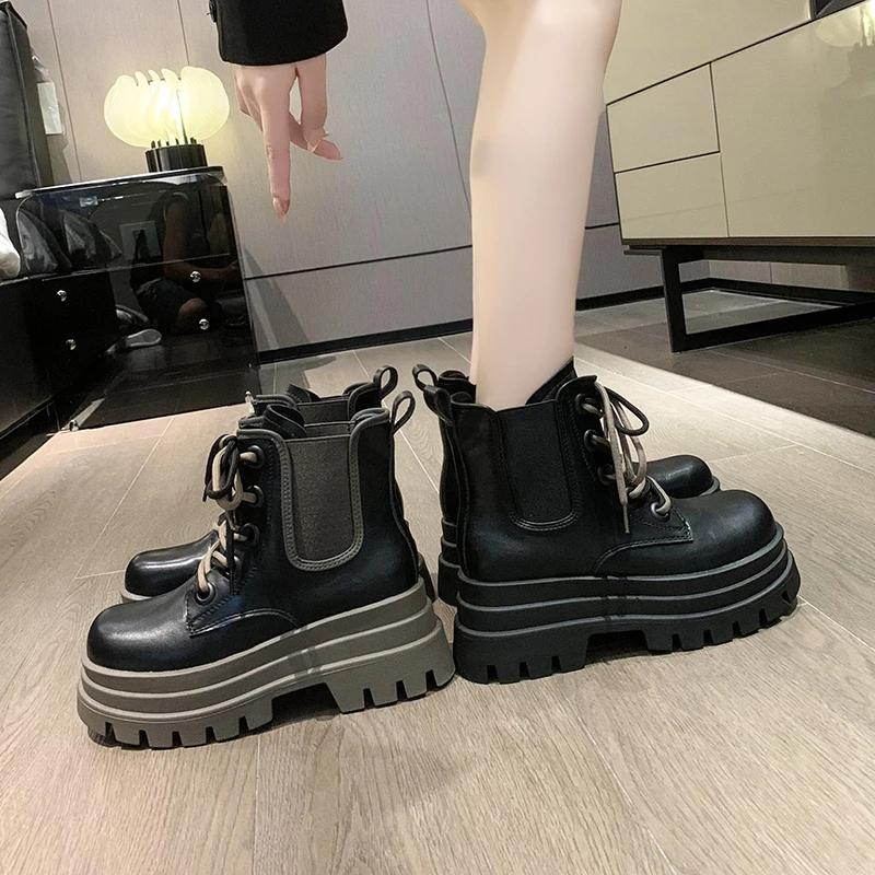 Fashion Autumn Chunky Ankle Boots 2024 New Women's Round Toe Thick Bottom Winter Boots Black Platform Short Boots Woman Wedge 7cm Heels