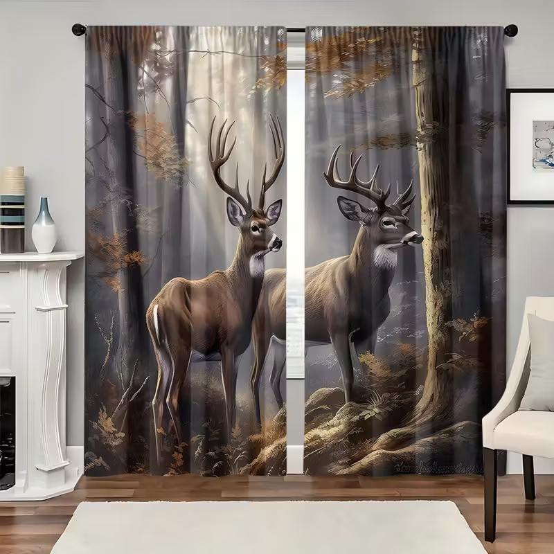 2PCS Forest Deer Printed Curtains, Polyester Material Design with Rod Bags, Bedroom, Home Decoration