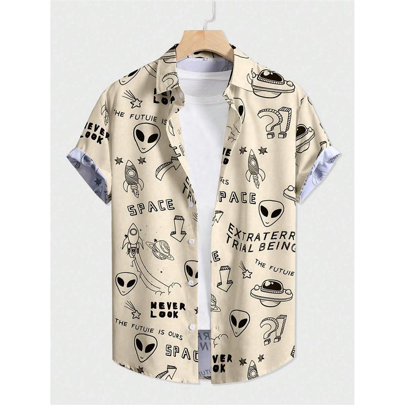 Rocket UFO Pattern Aloha Shirt for Men Women Artistic Abstraction 3D Printed Blouse Kid Short Sleeve Lapel Loose Hawaiian Shirts