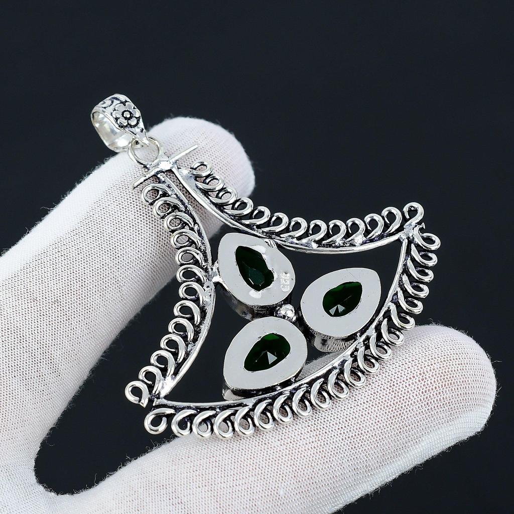 Πράσινη Τουρμαλίνη Πολύτιμος Λίθος Κορυφαίας Ποιότητας Πολύτιμος Λίθος Χειροποίητο Μενταγιόν Μενταγιόν από Ασήμι 925, Αντίκα Μενταγιόν, Μενταγιόν με Τρεις Λίθους Για Δώρα