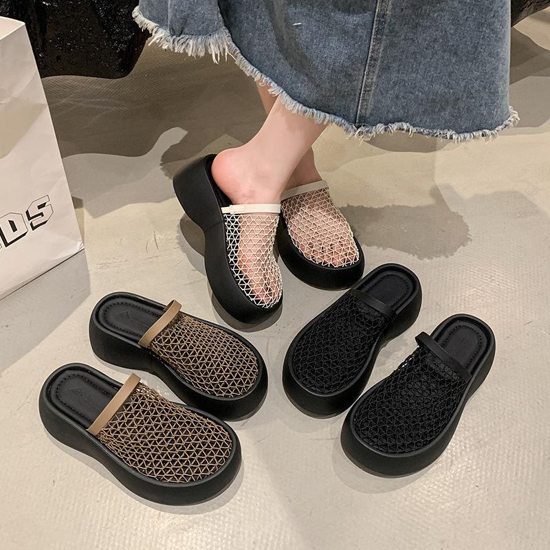 2025 letní pantofle s poloviční patou, silnou podrážkou, šněrováním, duté, prodyšné síťované boty, univerzální k sukním a sandálům