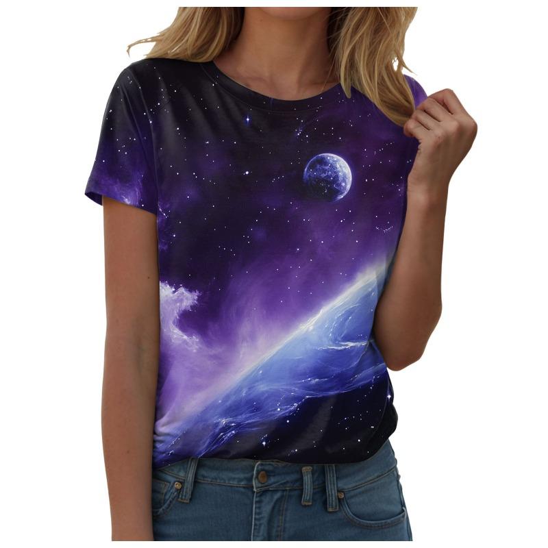 Top Blusa Mujer Tendencia 2025 Mujer Camisetas Estampado Galaxia 3D Camisas con Brillo Blusa Moda Cielo Estrellado Verano Ropa Para Mujer