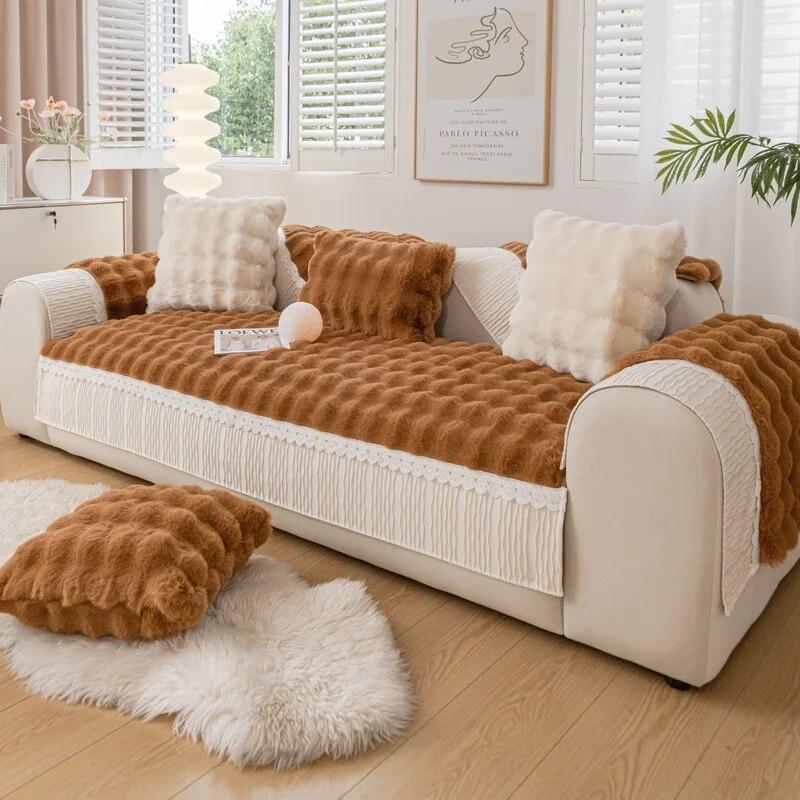 New Thicken Imitation Rabbit Fur Plush Sofa Slipcover Non-slip Soft Sofa Towel Couch Cushion for Living Room Modern Home Decor