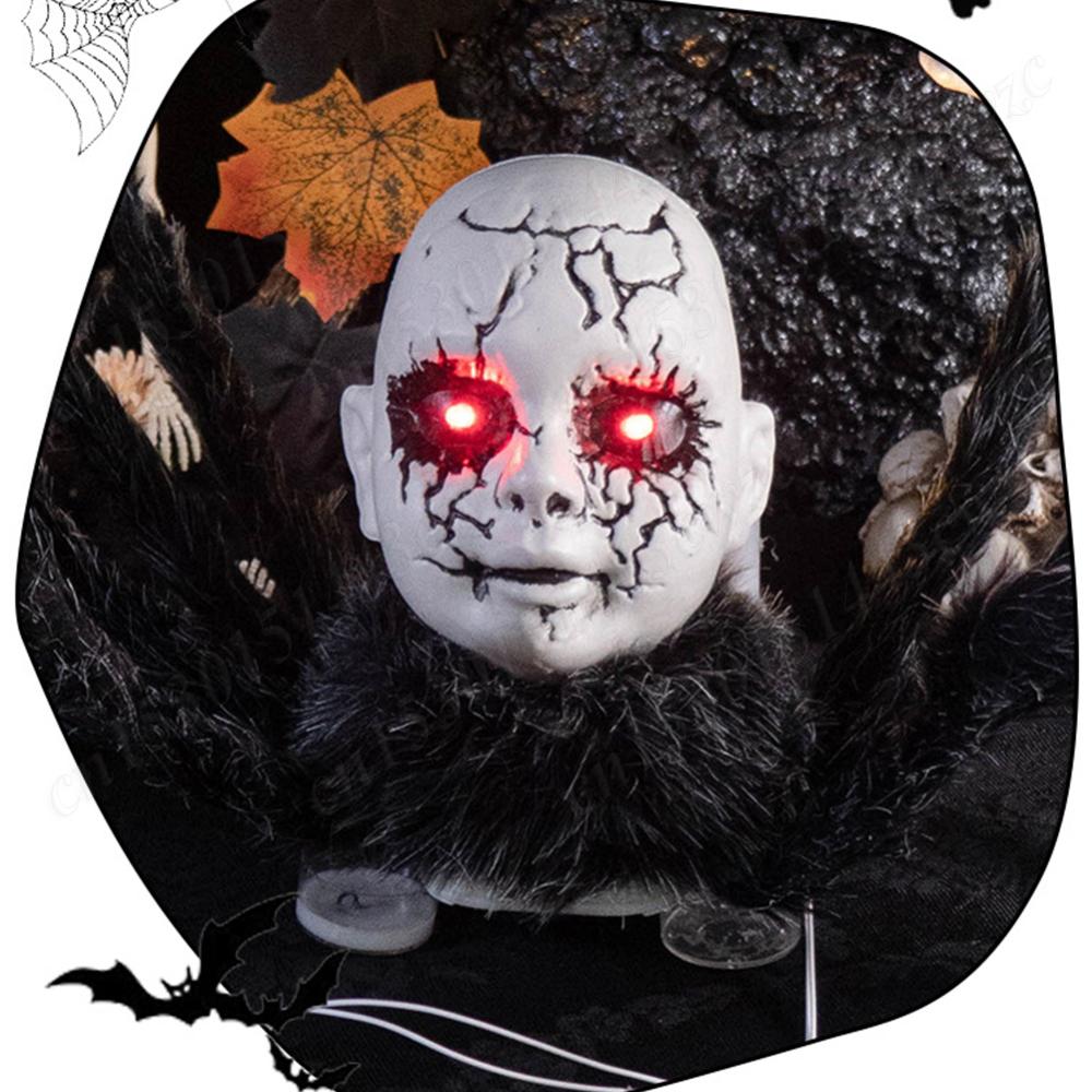 Halloween Scary Walking Spider w/Red Eyes Indoor Outdoor Ornament Sound Activated Horror Doll Face Spider Halloween Party Decor