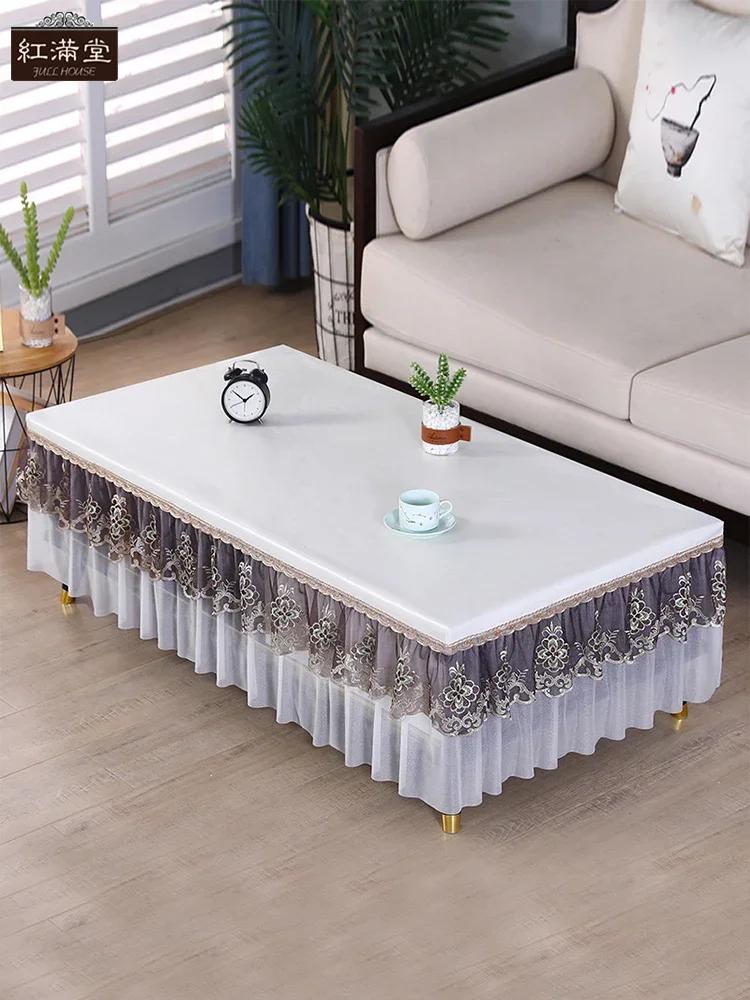 Waterproof Heat-resistant Table Cover Embroidered Lace Edge Leather Tablecloth Dining Table Chiffon Hem Oil Proof Dust Cover