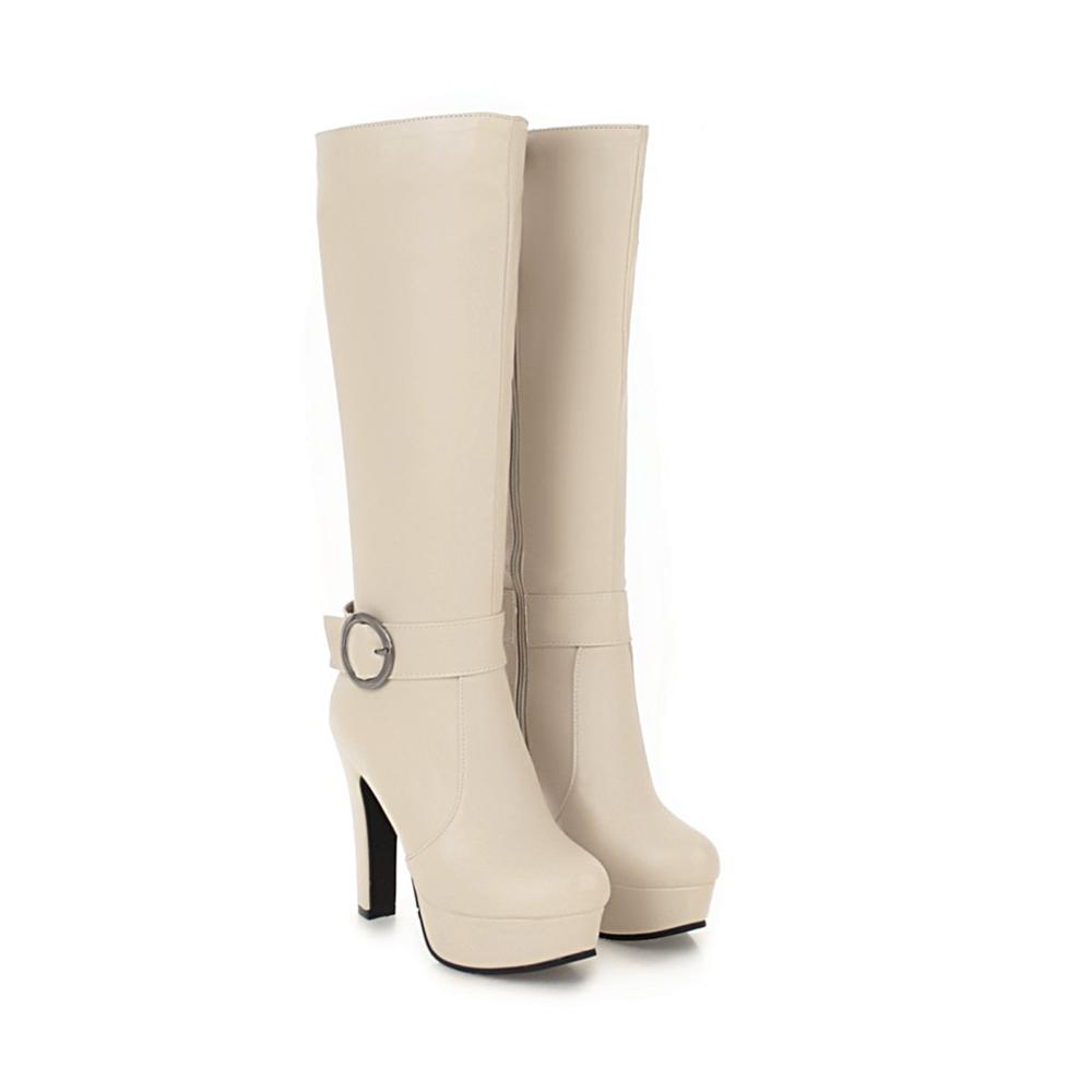 Winter Knee High Boots Women Autumn Knight Black White Large Size High Heels Platform Zipper Fashion Buckle Ladies Long Shoes