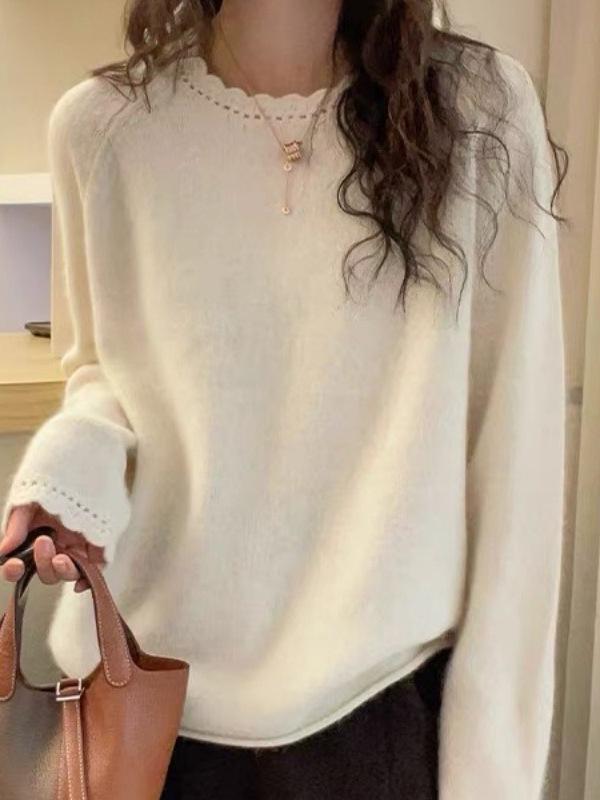 Women's Thickened Lace Collar Wool Sweater - 100% Pure Wool, Autumn/Winter Round Neck, Stylish Loose Knit Top
