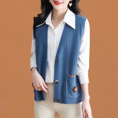 Loose Knitted Vest Cardigan Women's New Sweater with Shoulder Middle-aged Spring and Autumn Mom Coat Sleeveless Vest