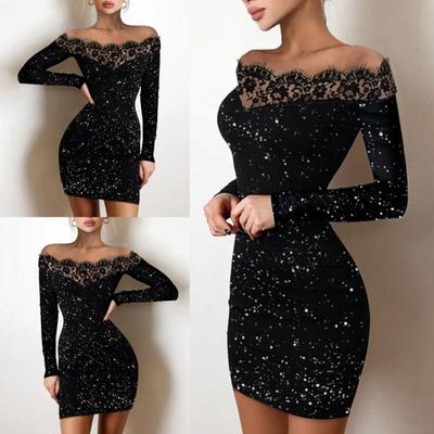 Lady Petticoats Plus Size Women Mini Dress Splicing Design Off Shoulder Clothing Skinny Sheath Dress for Club